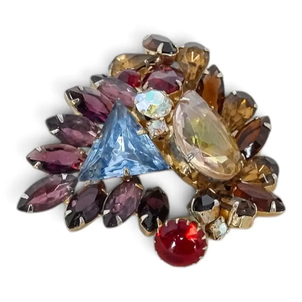 Vintage Juliana Fruit Salad Brooch Multicolor Rhinestone Navette Gold Tone